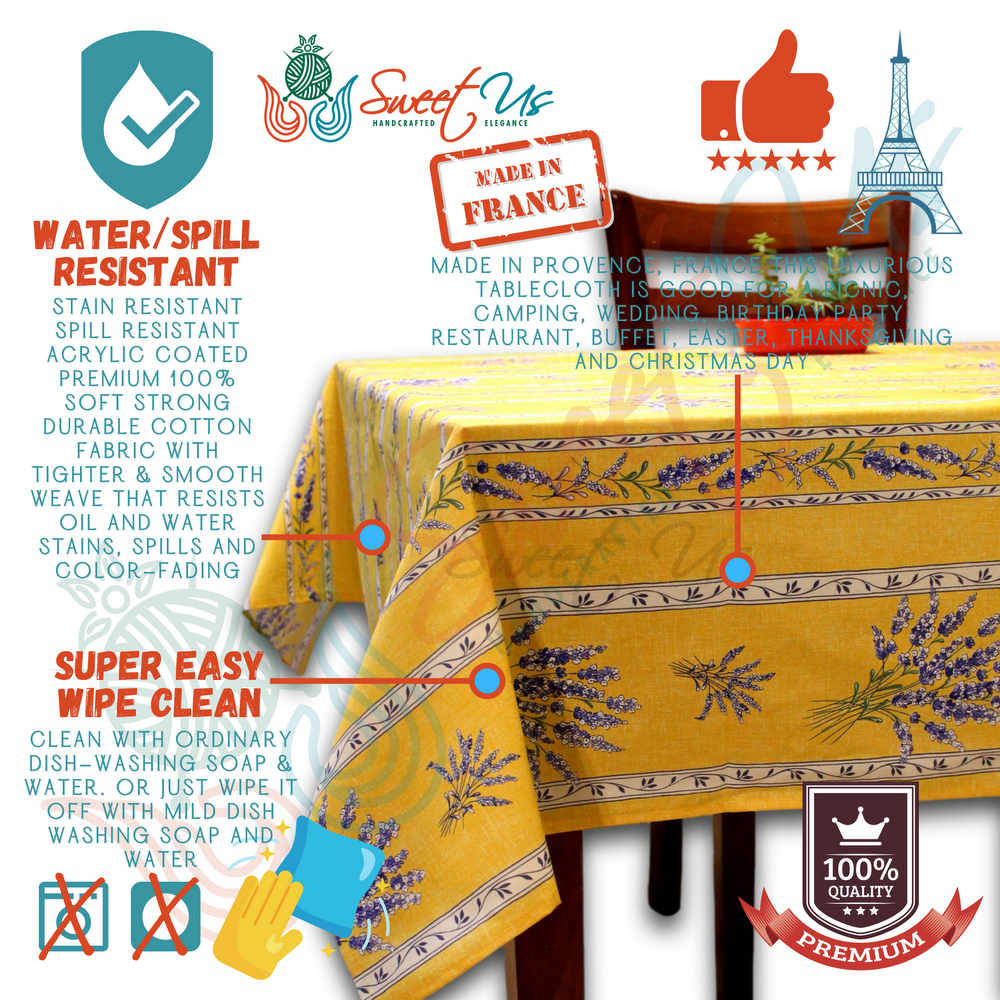 Wipeable Tablecloth French Provencal Acrylic Coated Cotton Lavender Yellow