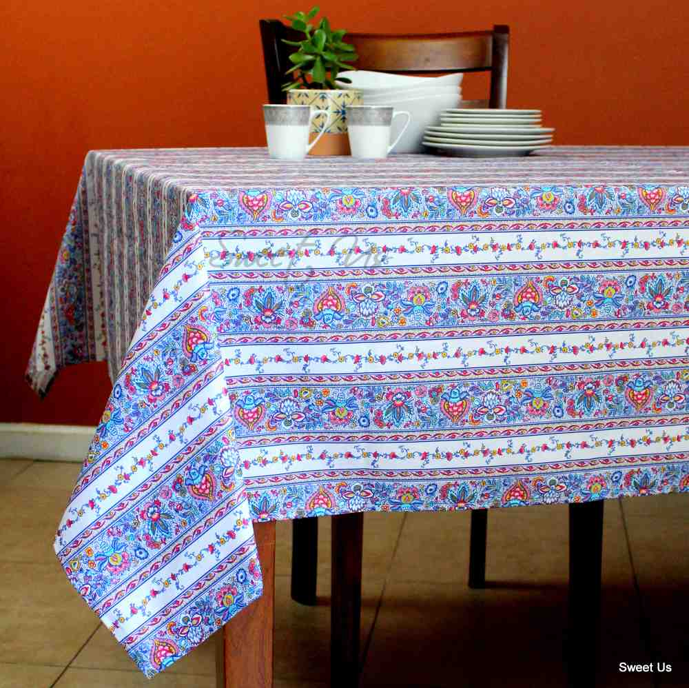 Wipeable Tablecloth Spillproof French Acrylic Coated Indienne Fleur White