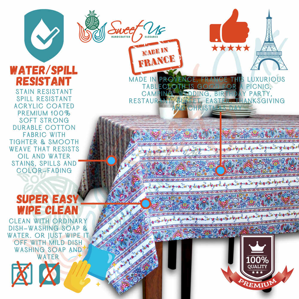 Wipeable Tablecloth Spillproof French Acrylic Coated Indienne Fleur White