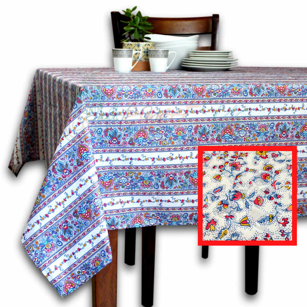 Wipeable Tablecloth Spillproof French Acrylic Coated Indienne Fleur White