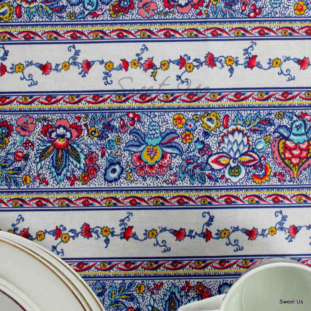 Wipeable Tablecloth Spillproof French Acrylic Coated Indienne Fleur White