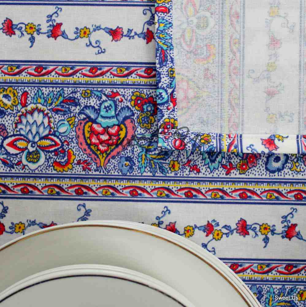 Wipeable Tablecloth Spillproof French Acrylic Coated Indienne Fleur White