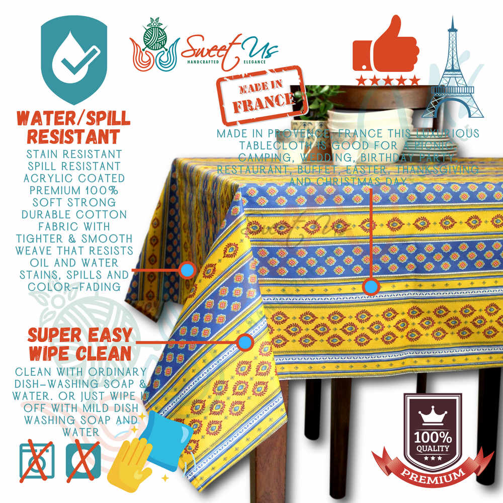 Wipeable Tablecloth Rectangle Spill Resistant French Acrylic Coated Floral Yellow