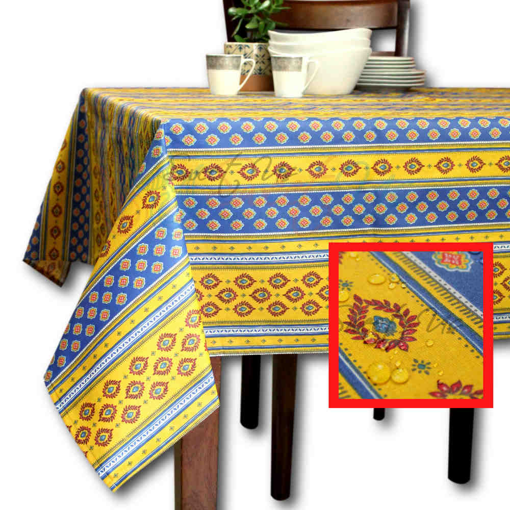 Wipeable Tablecloth Rectangle Spill Resistant French Acrylic Coated Floral Yellow