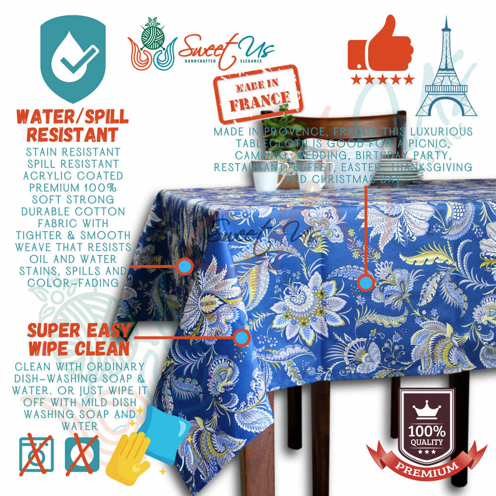 Wipeable Tablecloth Rectangle Spill Resistant French Acrylic Coated Floral Blue