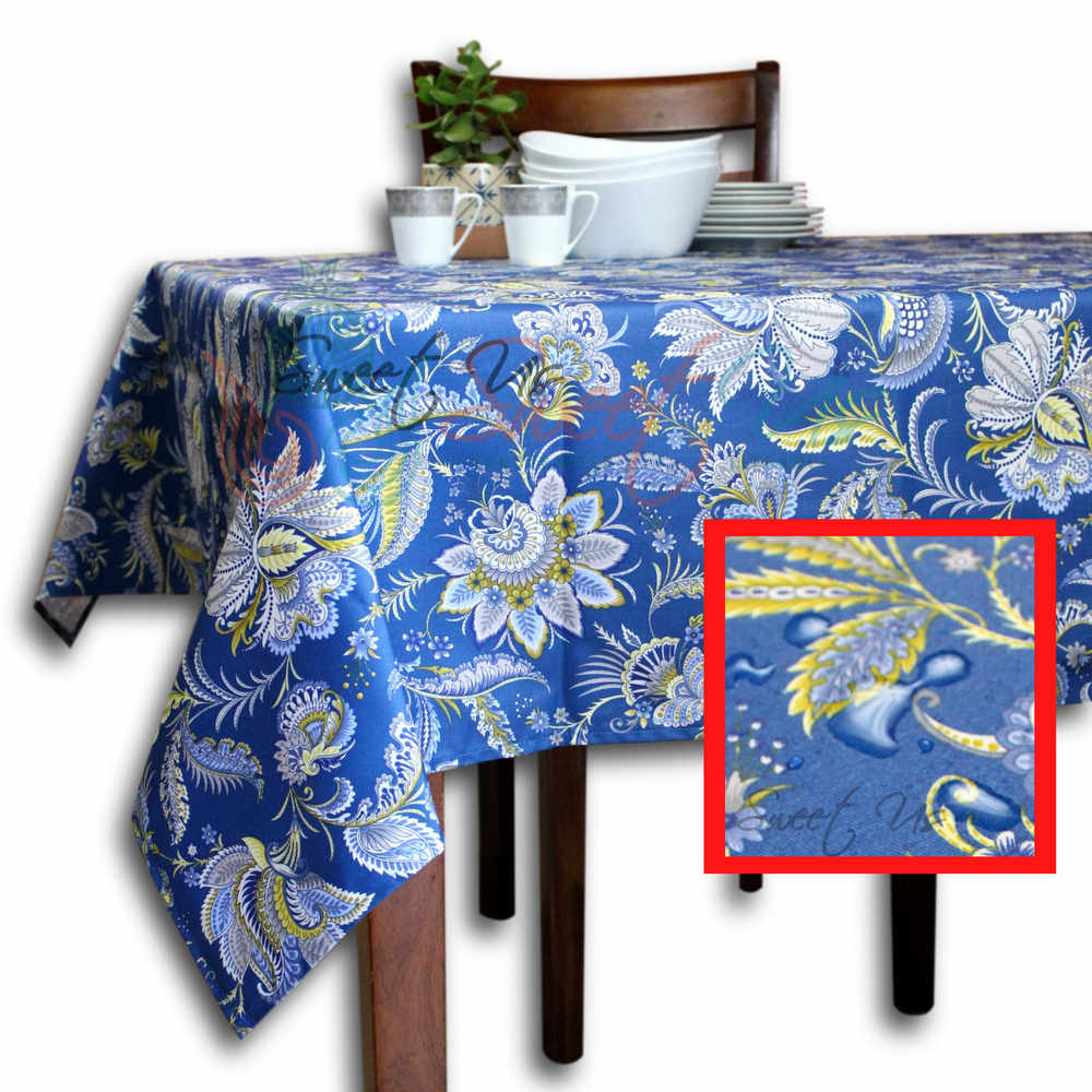 Wipeable Tablecloth Rectangle Spill Resistant French Acrylic Coated Floral Blue