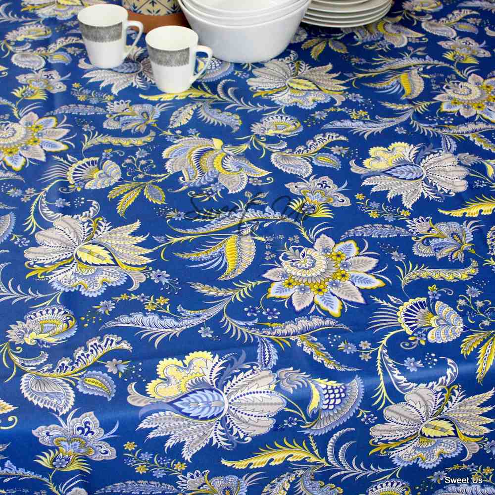 Wipeable Tablecloth Rectangle Spill Resistant French Acrylic Coated Floral Blue