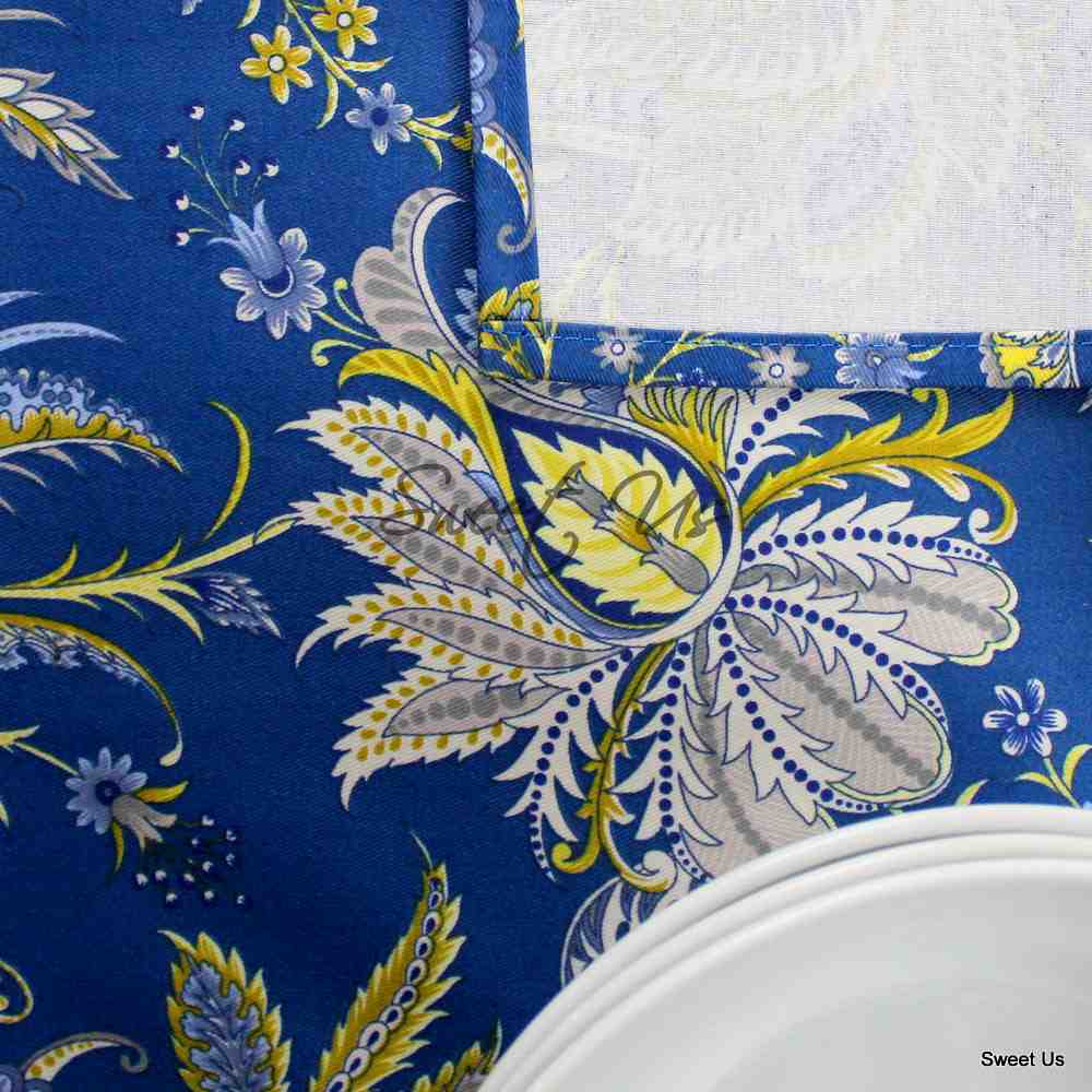 Wipeable Tablecloth Rectangle Spill Resistant French Acrylic Coated Floral Blue