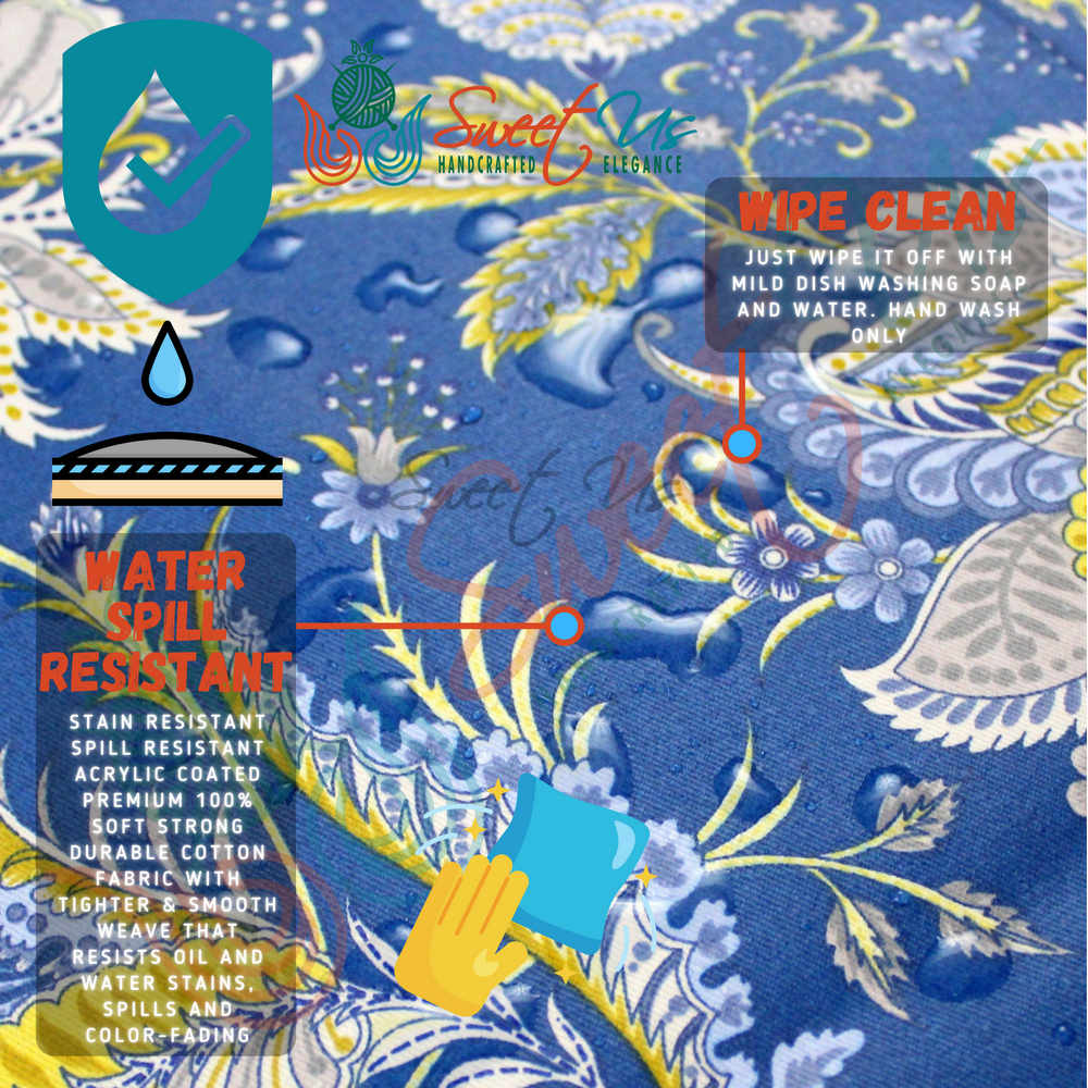 Wipeable Tablecloth Rectangle Spill Resistant French Acrylic Coated Floral Blue