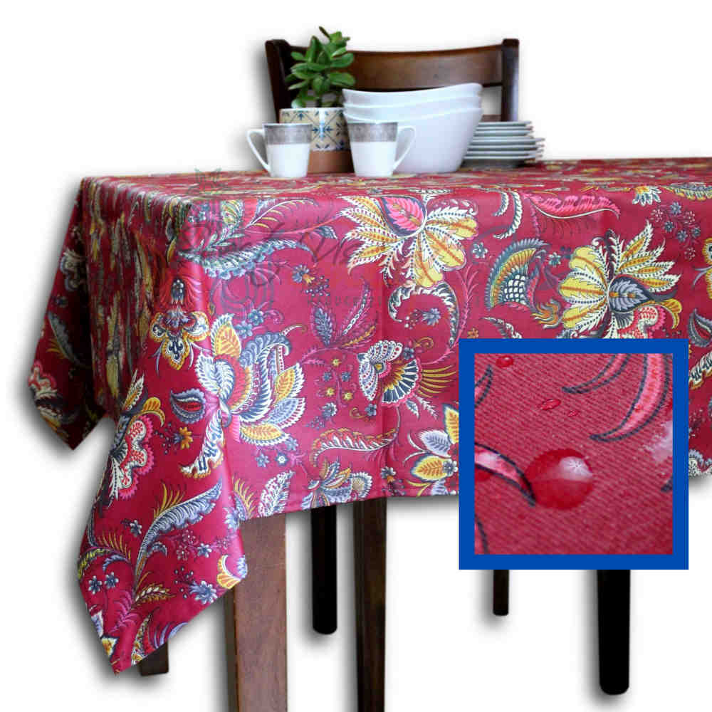 Wipeable Tablecloth Rectangle Spill Resistant French Acrylic Coated Floral Rouge