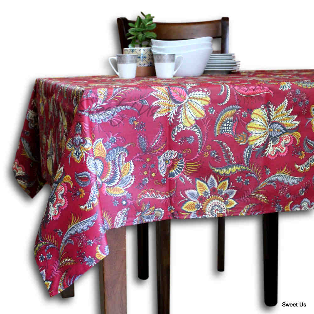 Wipeable Tablecloth Rectangle Spill Resistant French Acrylic Coated Floral Rouge