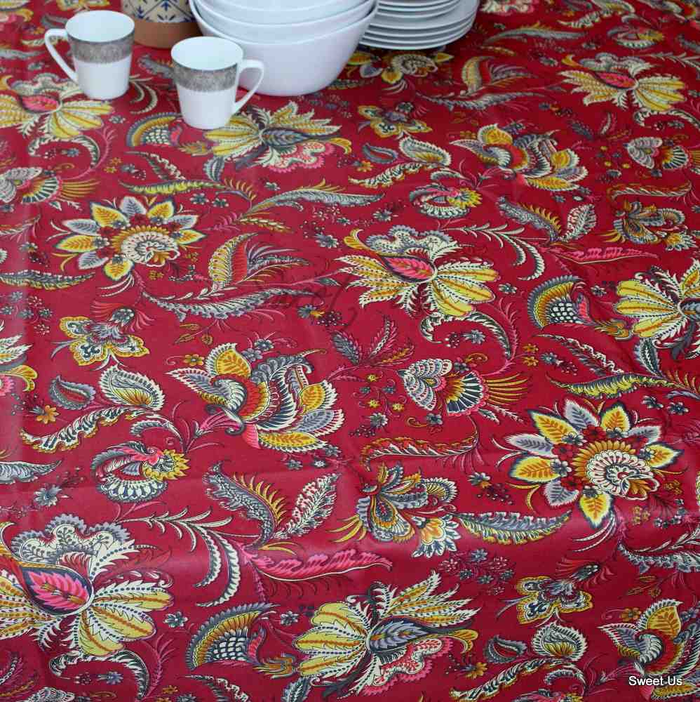 Wipeable Tablecloth Rectangle Spill Resistant French Acrylic Coated Floral Rouge