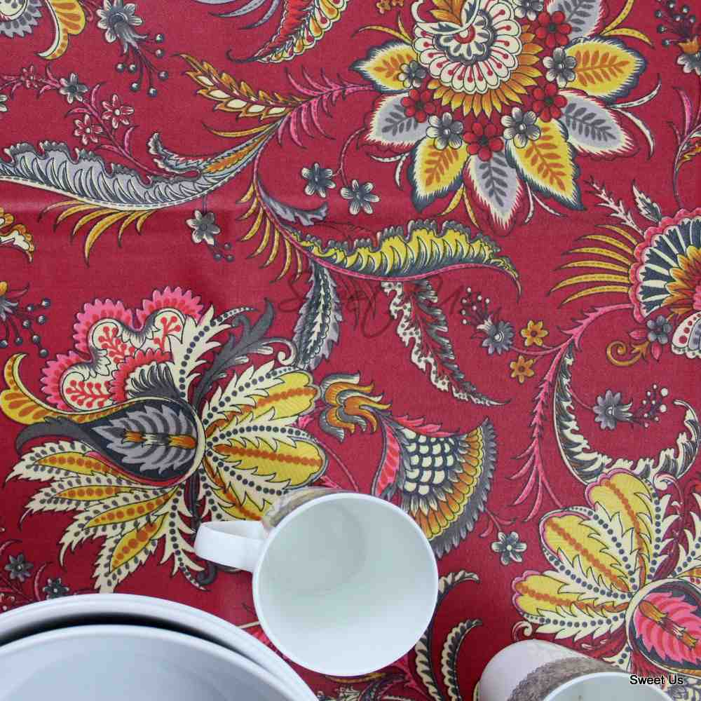 Wipeable Tablecloth Rectangle Spill Resistant French Acrylic Coated Floral Rouge