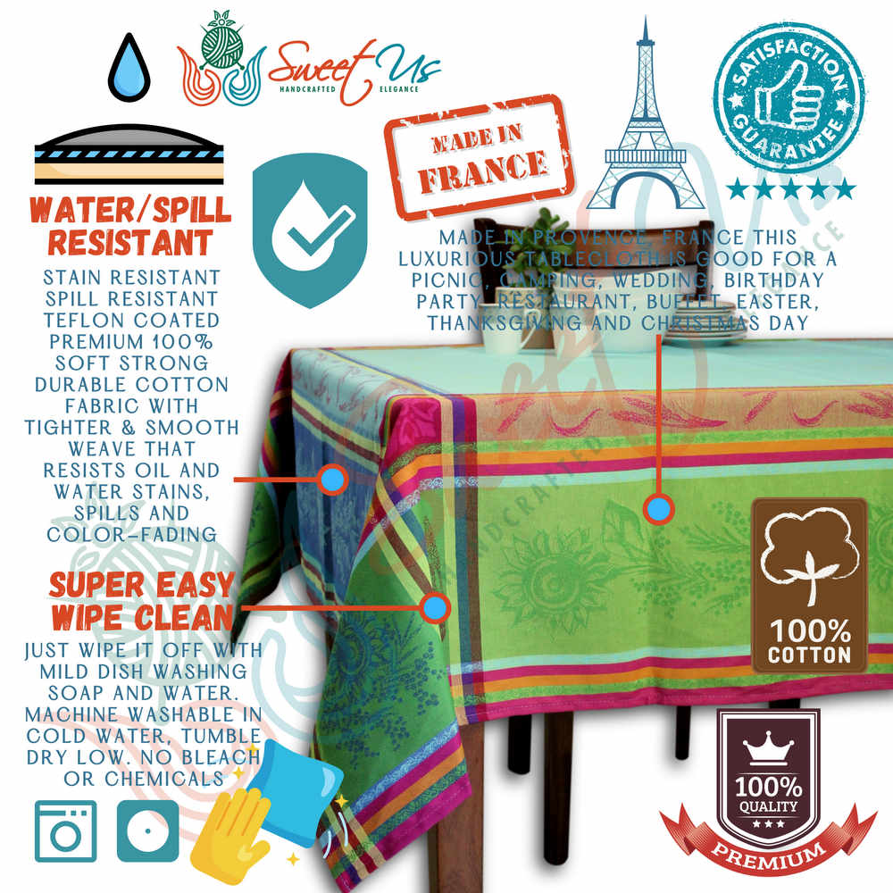 Wipeable Jacquard Tablecloth Rectangle Spill Resistant French Cotton Multicolor