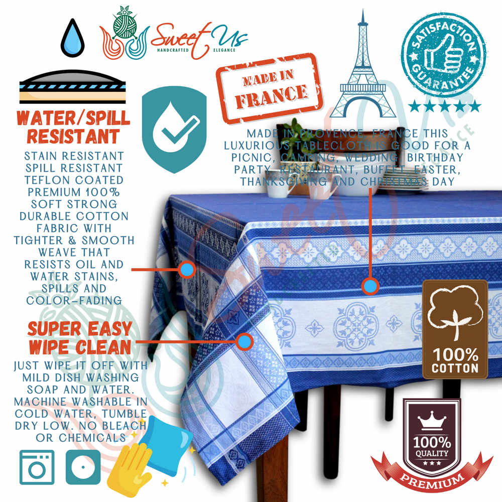 Wipeable Spill Resistant French Floral Cotton Jacquard Tablecloth Sapphire Blue