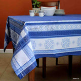 Wipeable Spill Resistant French Floral Cotton Jacquard Tablecloth Sapphire Blue