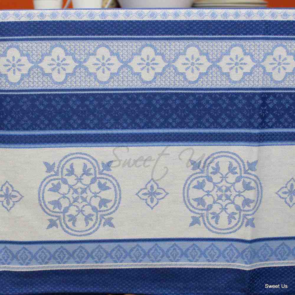 Wipeable Spill Resistant French Floral Cotton Jacquard Tablecloth Sapphire Blue