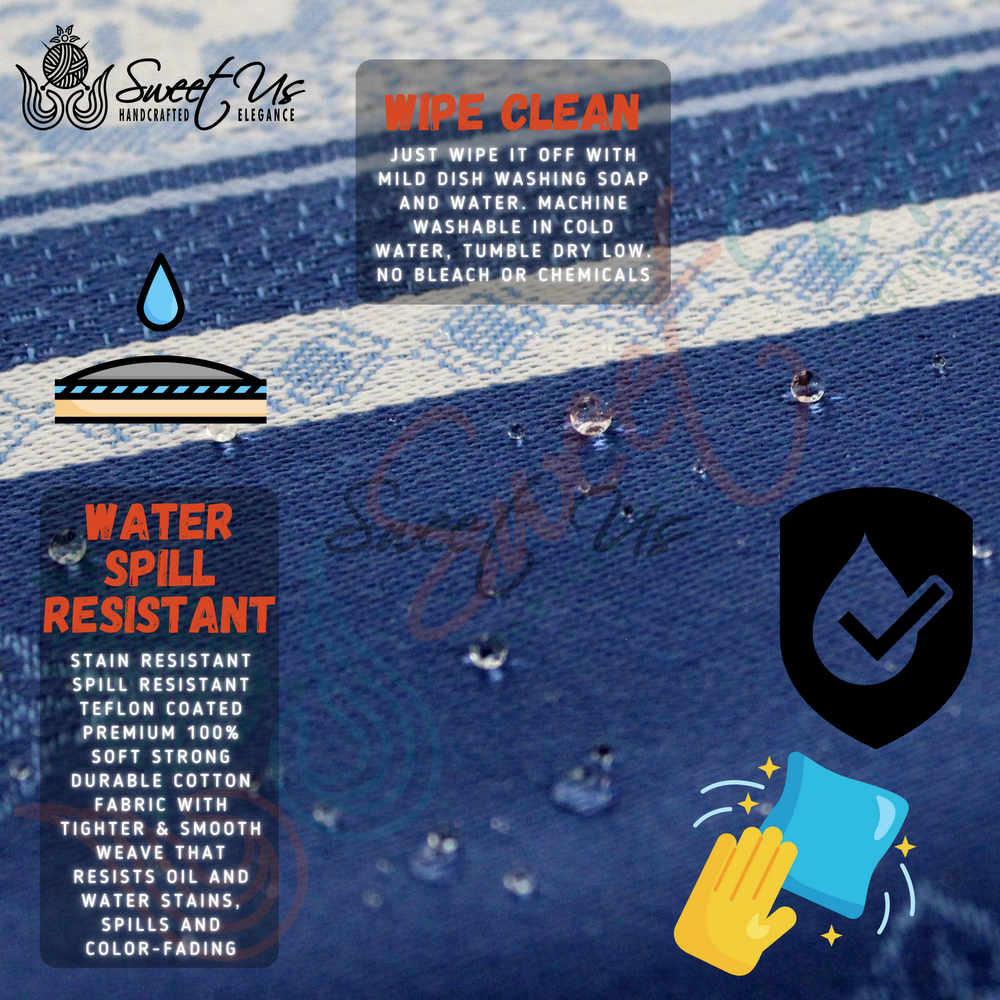 Wipeable Spill Resistant French Floral Cotton Jacquard Tablecloth Sapphire Blue