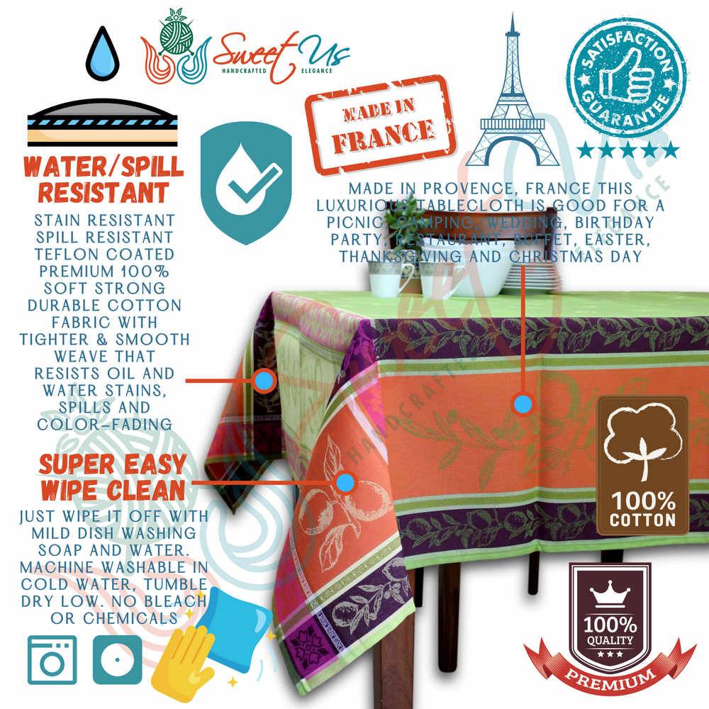 Wipeable Spill Resistant French Floral Cotton Jacquard Tablecloth Rectangle Green