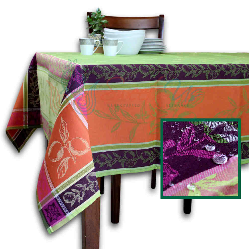 Wipeable Spill Resistant French Floral Cotton Jacquard Tablecloth Rectangle Green