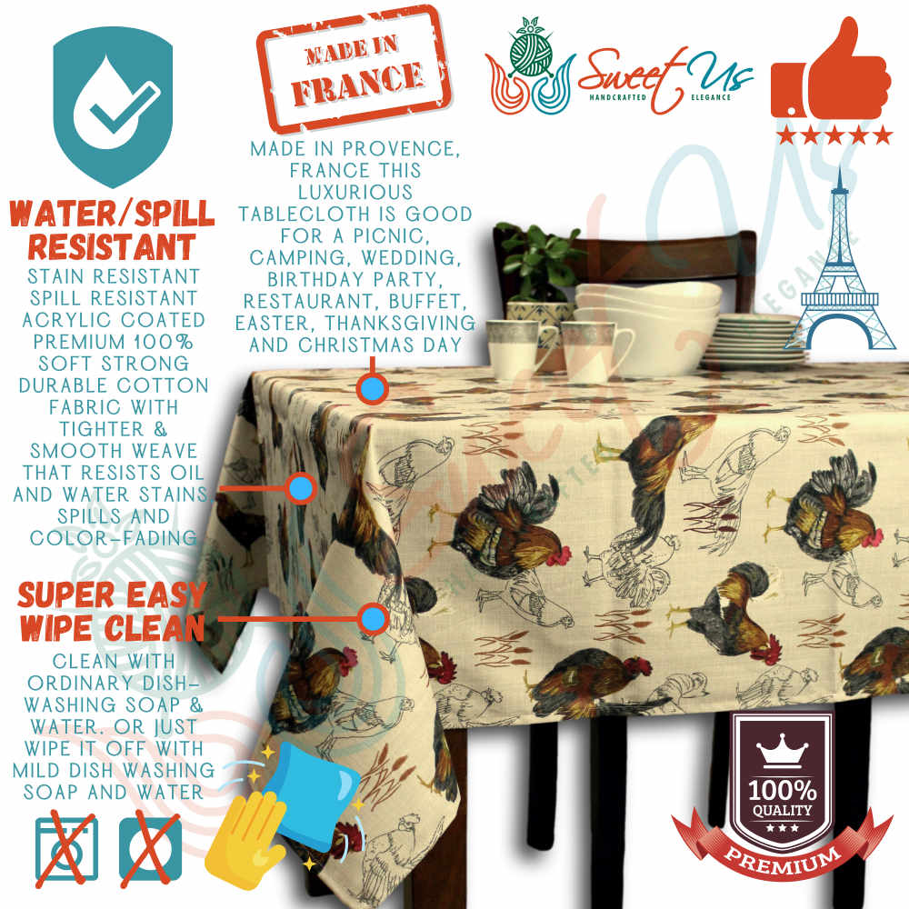 Wipeable Spill Resistant Acrylic Coated Rustic French Country Rooster Tablecloth