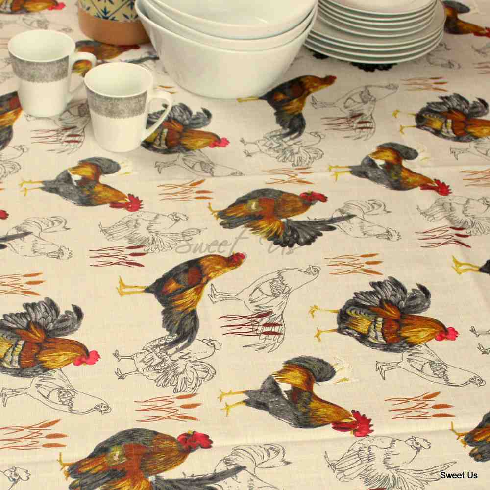 Wipeable Spill Resistant Acrylic Coated Rustic French Country Rooster Tablecloth