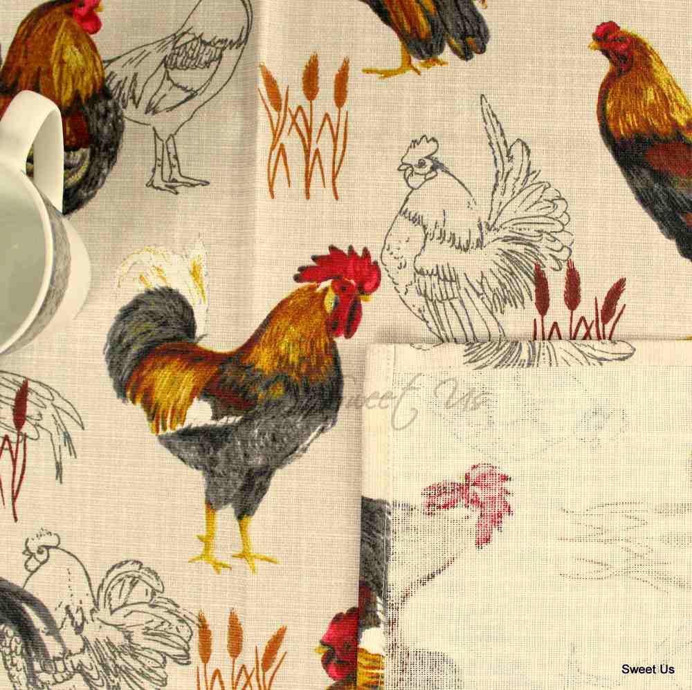 Wipeable Spill Resistant Acrylic Coated Rustic French Country Rooster Tablecloth