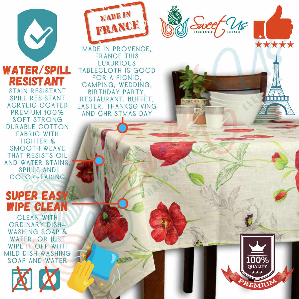 Wipeable Spill Resistant French Acrylic Coated Poppy Tablecloth Rectangle