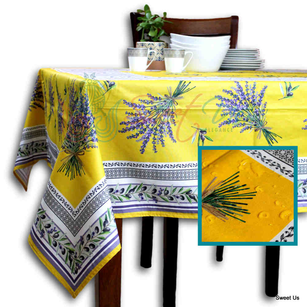 Lavender Flower Design Yellow Tablecloth 60 x 116