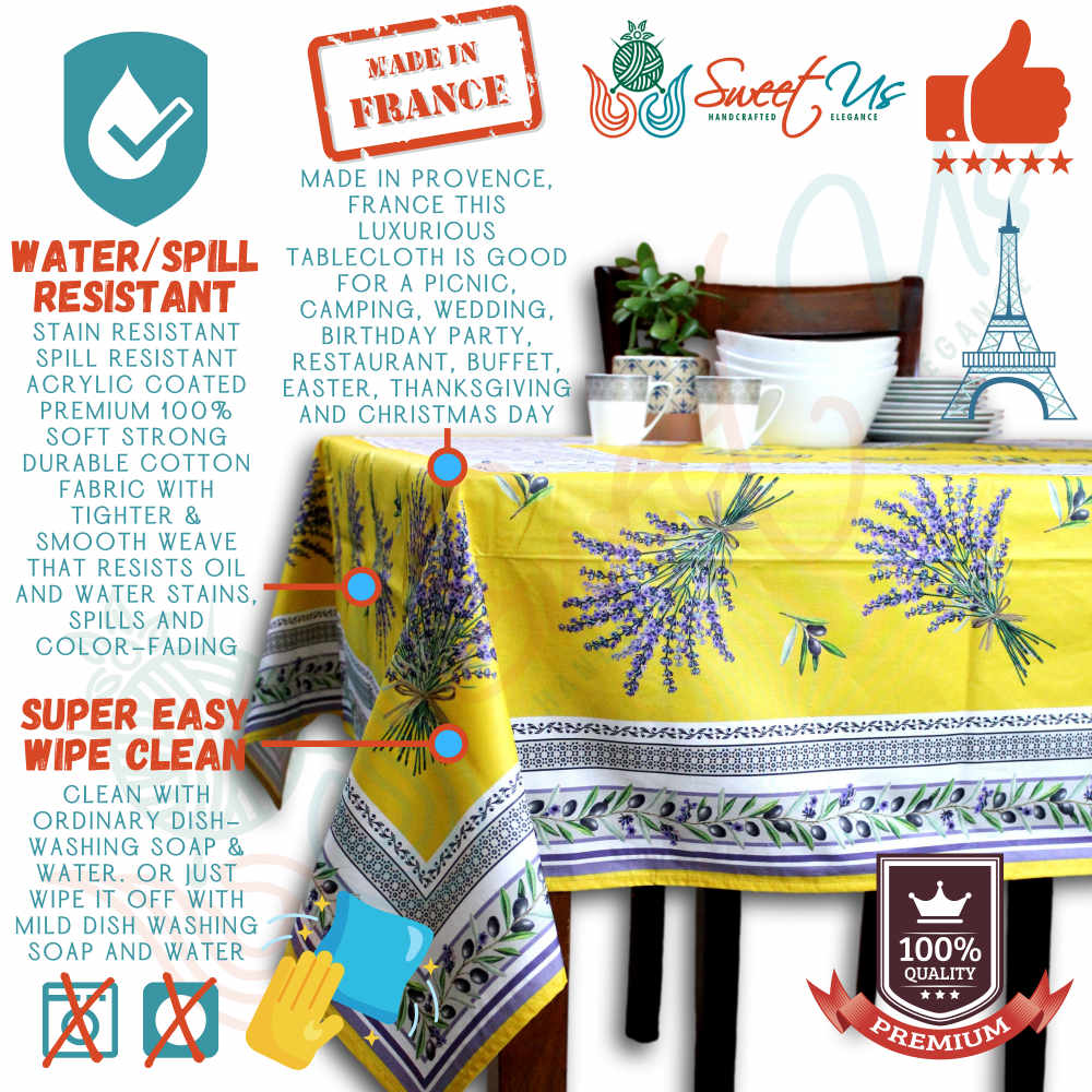 Yellow Lavender Table Cloth Made in France Water/Spill Resistant. Super Easy to Clean