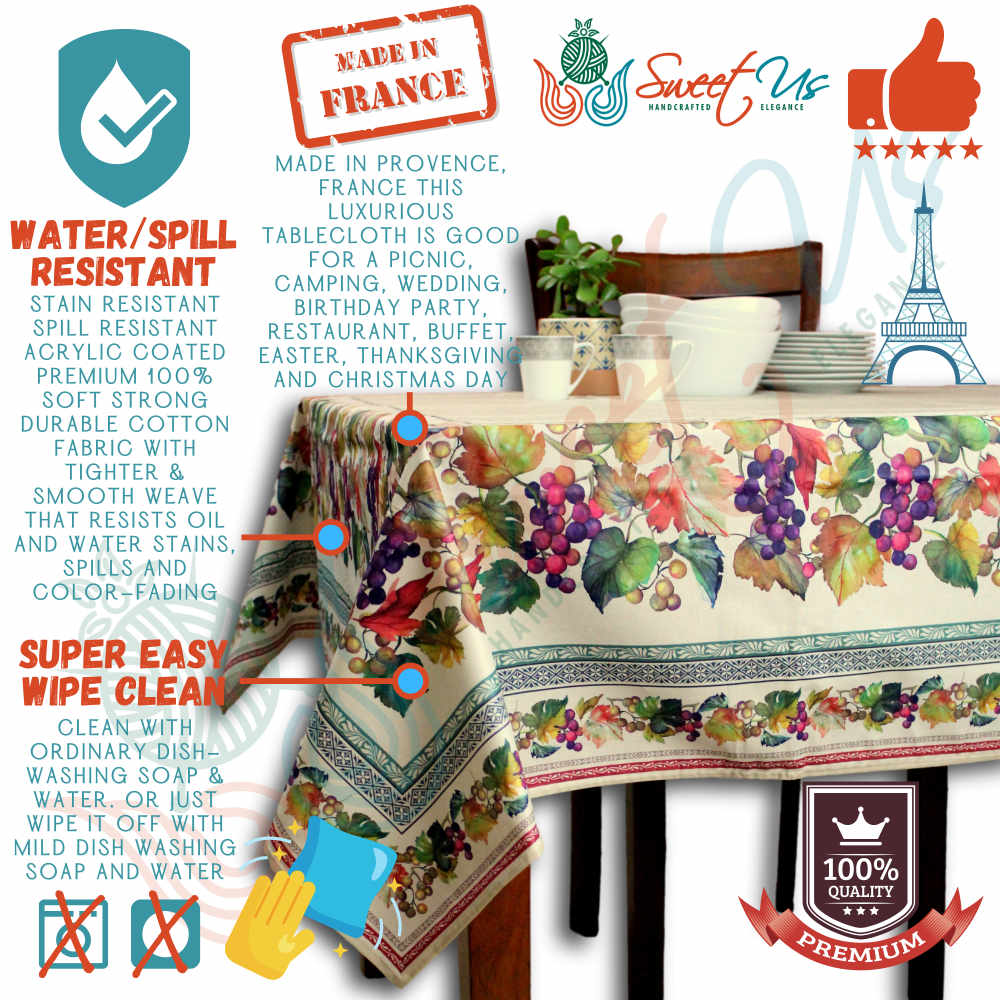 Wipeable Spill Resistant French Acrylic Coated Floral Tablecloth Rectangle