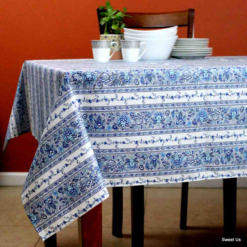 Wipeable Tablecloth Stain Resistant French Indienne Fleur White Blue