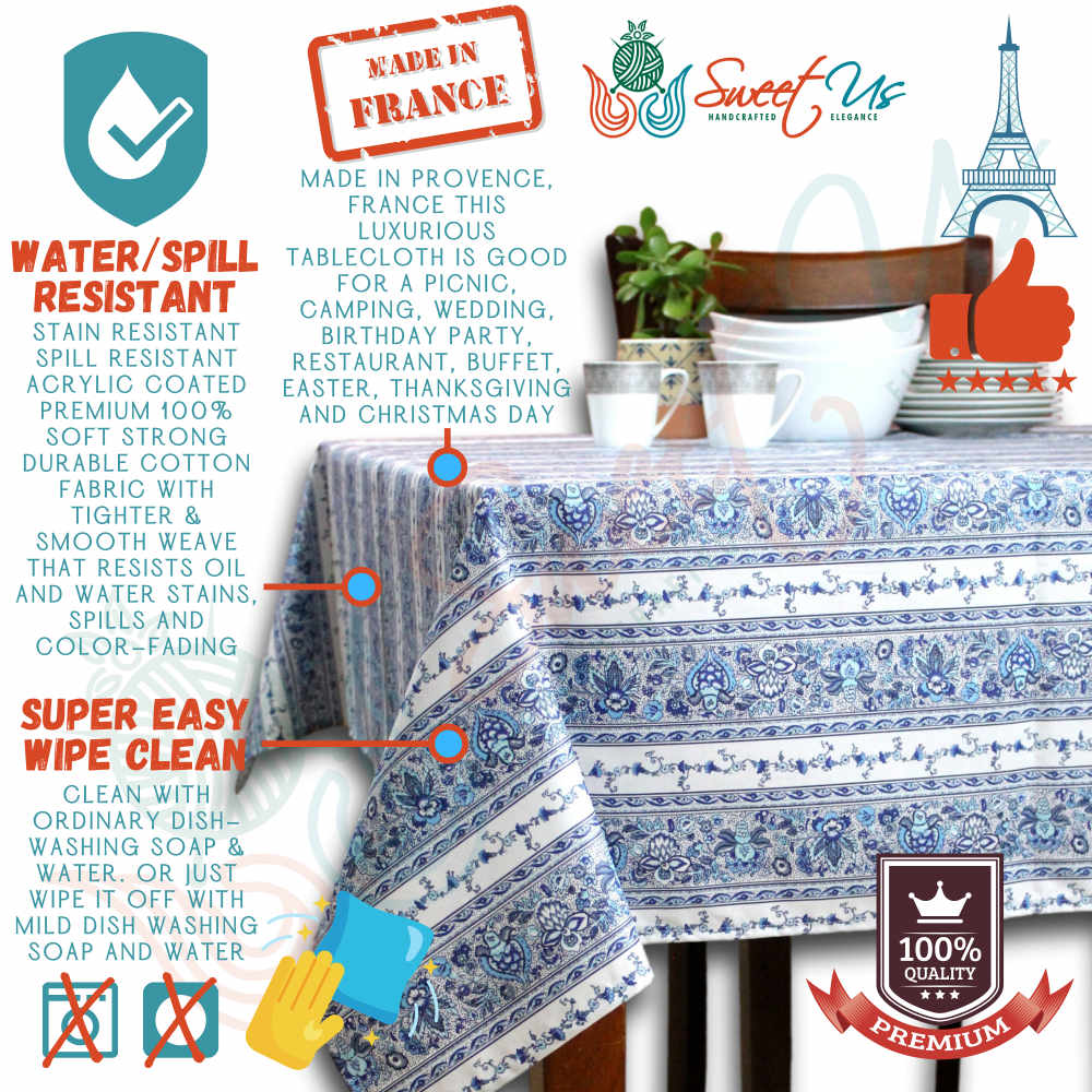 Wipeable Tablecloth Stain Resistant French Indienne Fleur White Blue