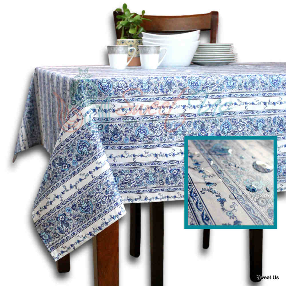 Wipeable Tablecloth Stain Resistant French Indienne Fleur White Blue