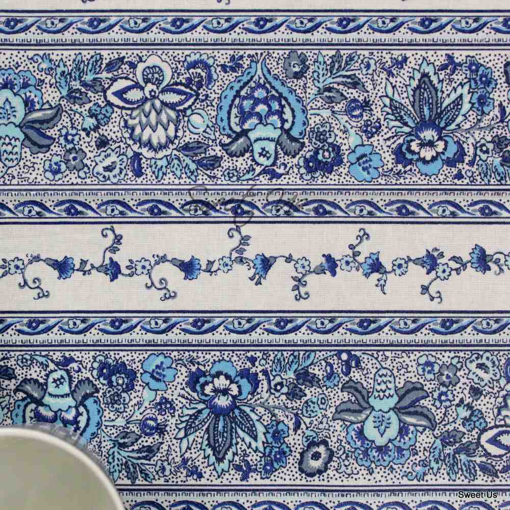 Wipeable Tablecloth Stain Resistant French Indienne Fleur White Blue