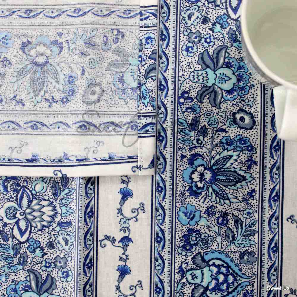 Wipeable Tablecloth Stain Resistant French Indienne Fleur White Blue