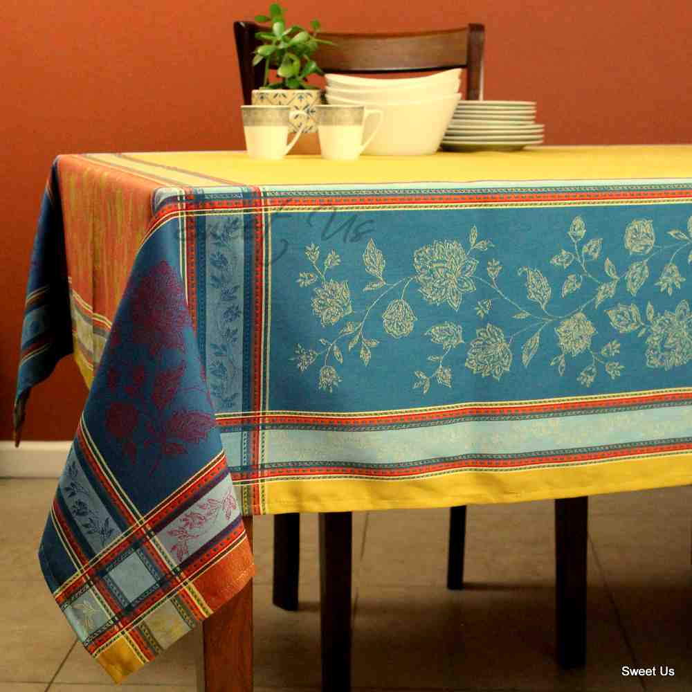 Wipeable Stain Resistant French Floral Cotton Jacquard Tablecloth Yellow Gold