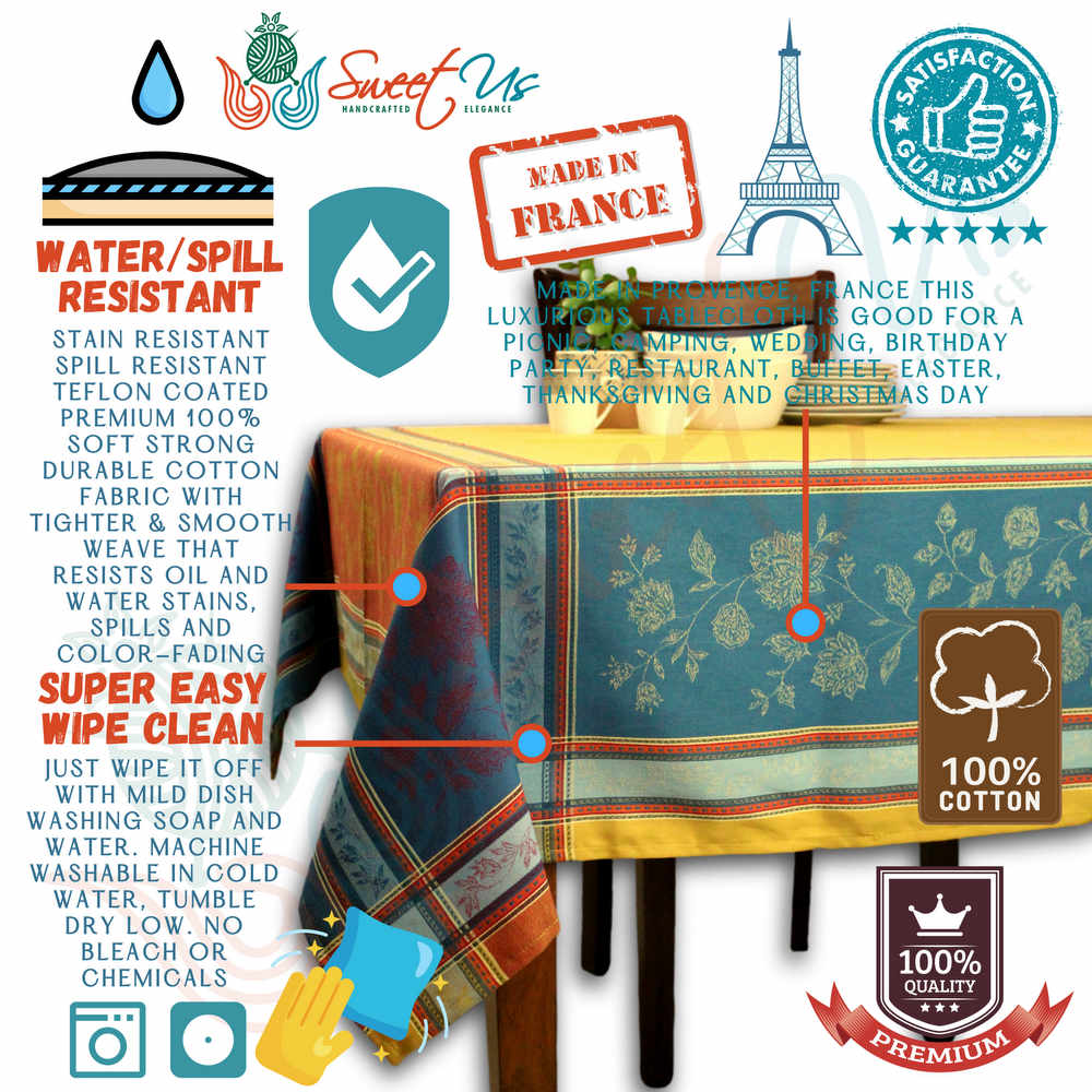 Wipeable Stain Resistant French Floral Cotton Jacquard Tablecloth Yellow Gold