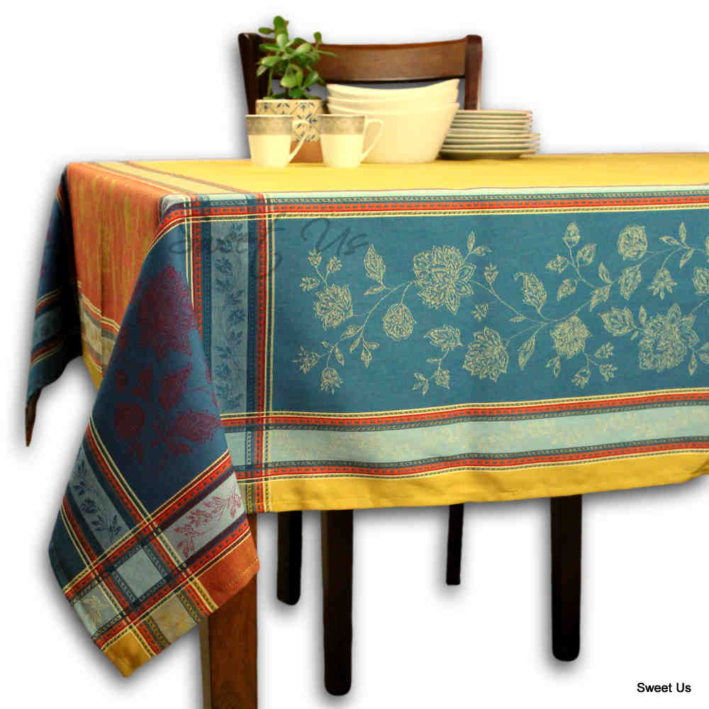 Wipeable Stain Resistant French Floral Cotton Jacquard Tablecloth Yellow Gold