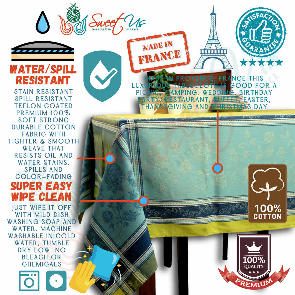 Wipeable Stain Resistant French Floral Cotton Jacquard Tablecloth Bright Sky