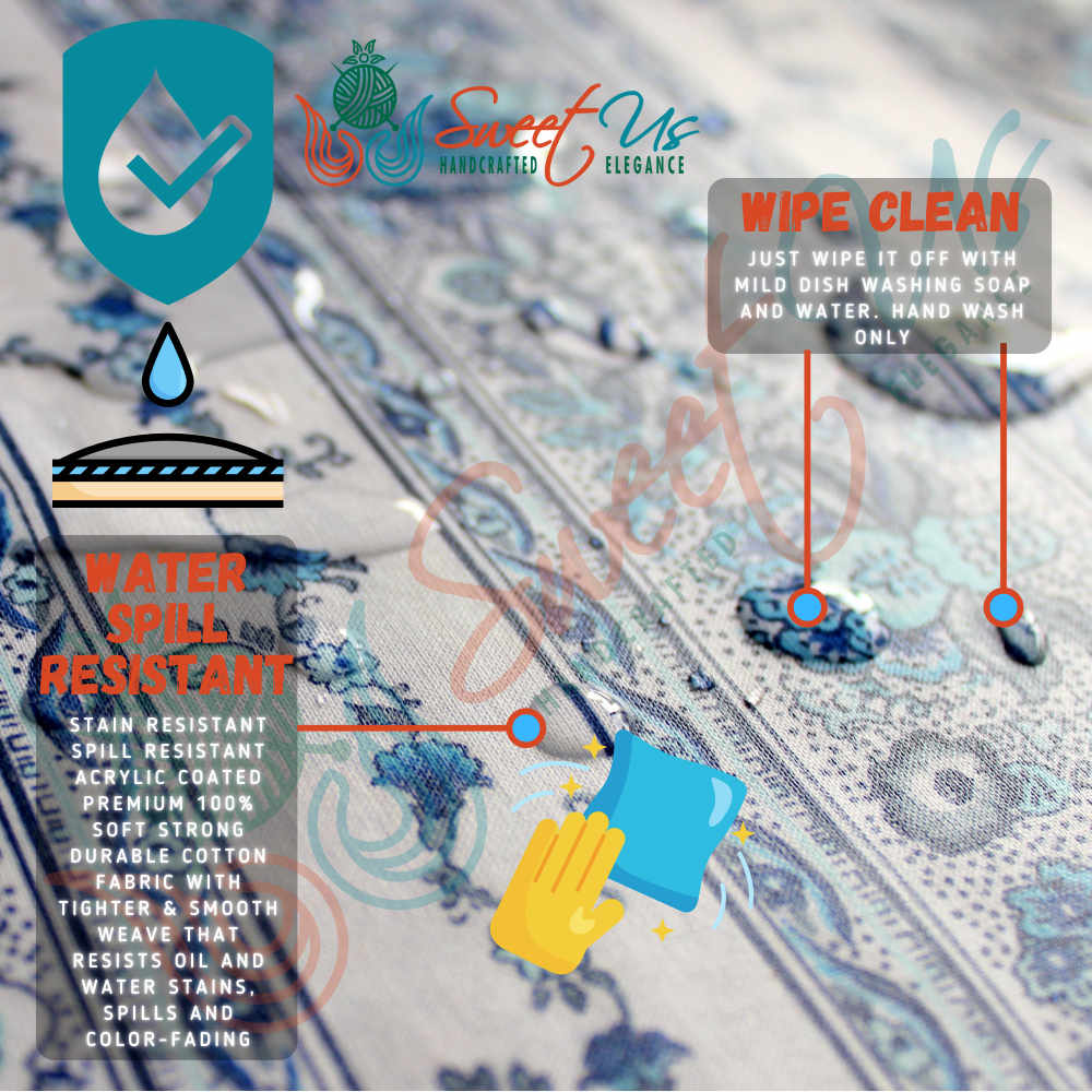 Wipeable Tablecloth Stain Resistant French Indienne Fleur White Blue