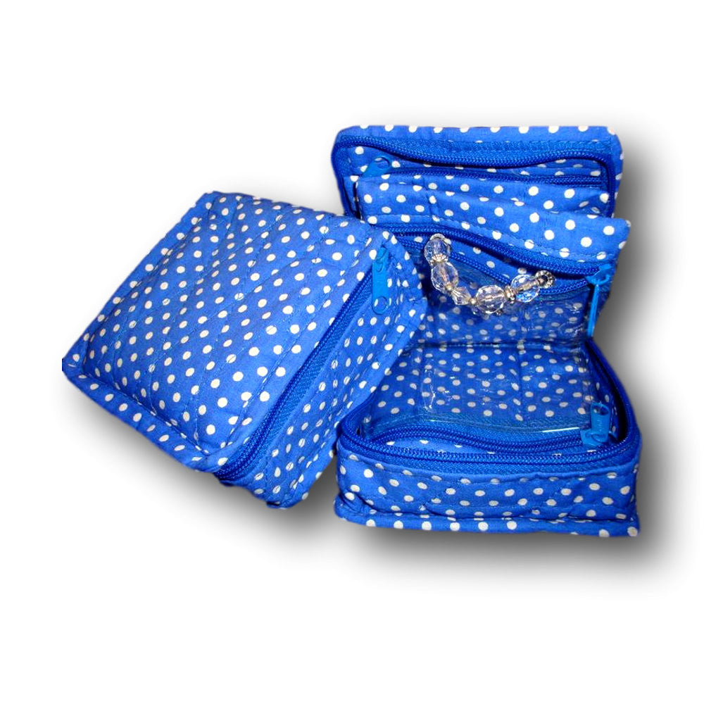 Handmade Quilted 100% Cotton Cosmetic & Jewelry Bag Travel Pouch Polka Dot Blue - Sweet Us