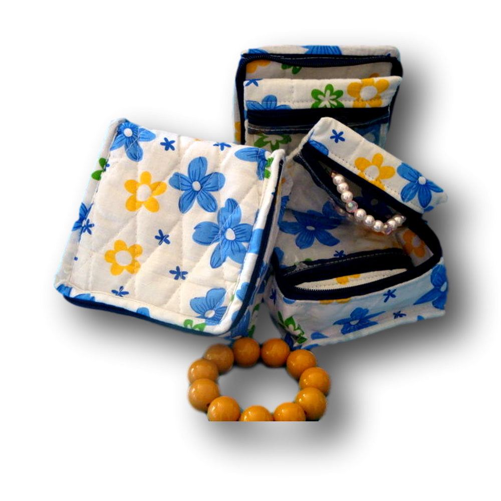 Handmade Quilted 100% Cotton Cosmetic Bag Jewelry Bag Travel Pouch Floral Yellow Blue - Sweet Us