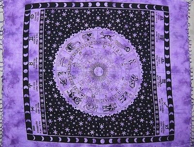 Heavy Handmade Cotton Astrological Zodiac Symbol Tapestry Spread Purple Full - Sweet Us