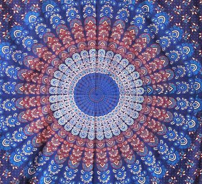 Handmade Sanganer Mandala 100% Cotton Tab Top Curtain Drape Panel Blue 44x88 - Sweet Us