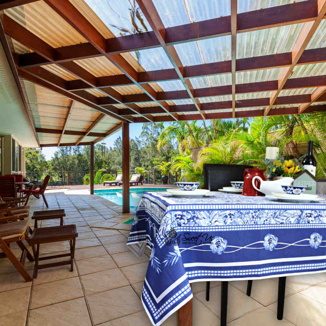 La Marseille French Floral Organic Cotton Tablecloth Rectangle, Provence Sky