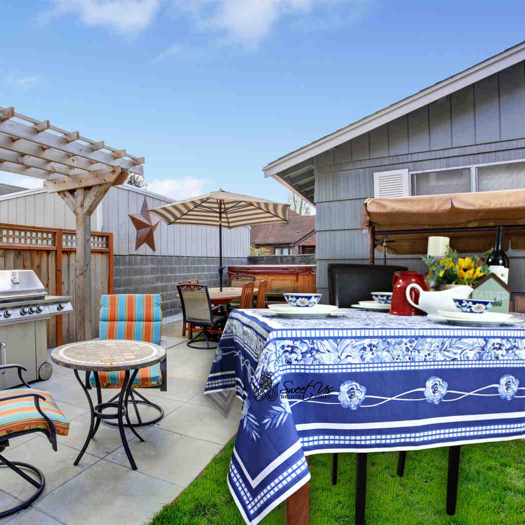 La Marseille French Floral Organic Cotton Tablecloth Rectangle, Provence Sky