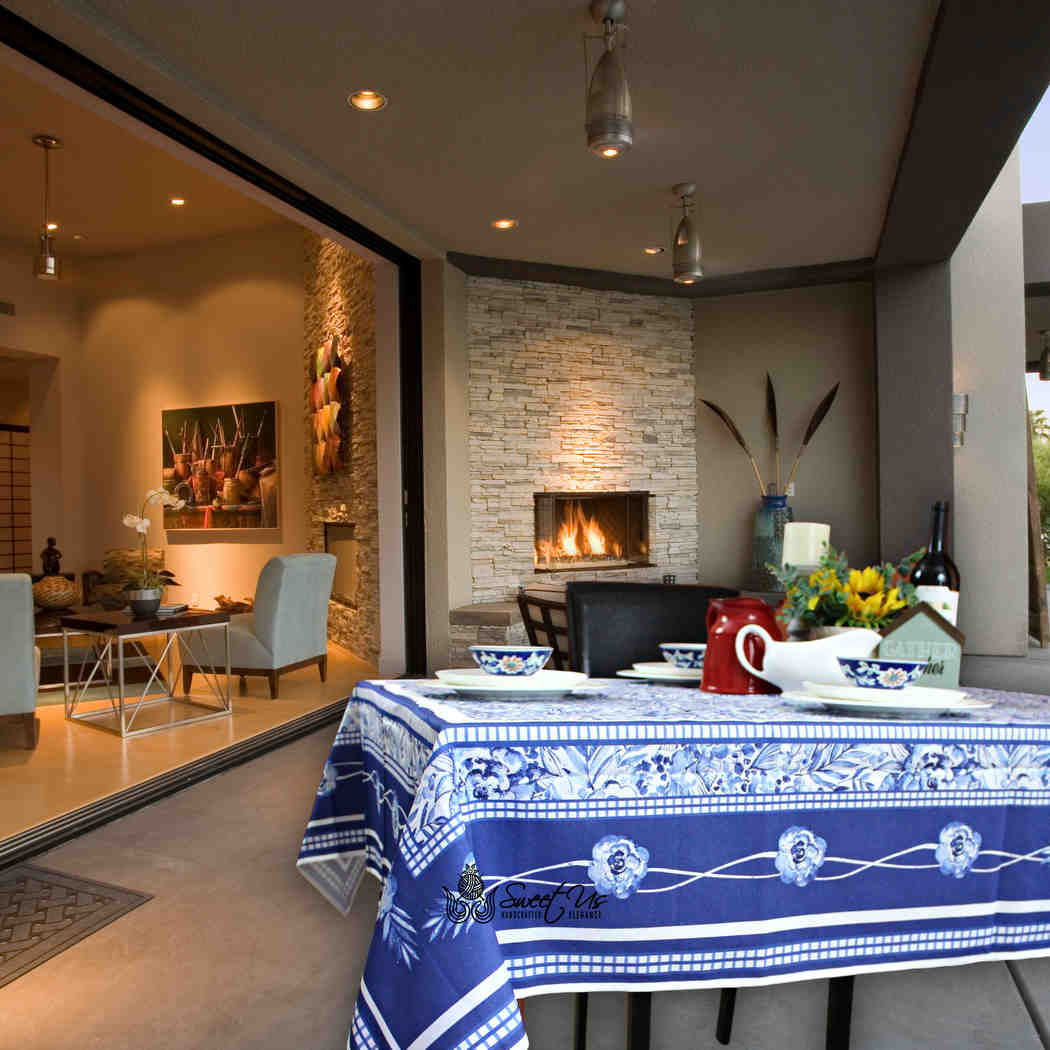 La Marseille French Floral Organic Cotton Tablecloth Rectangle, Provence Sky