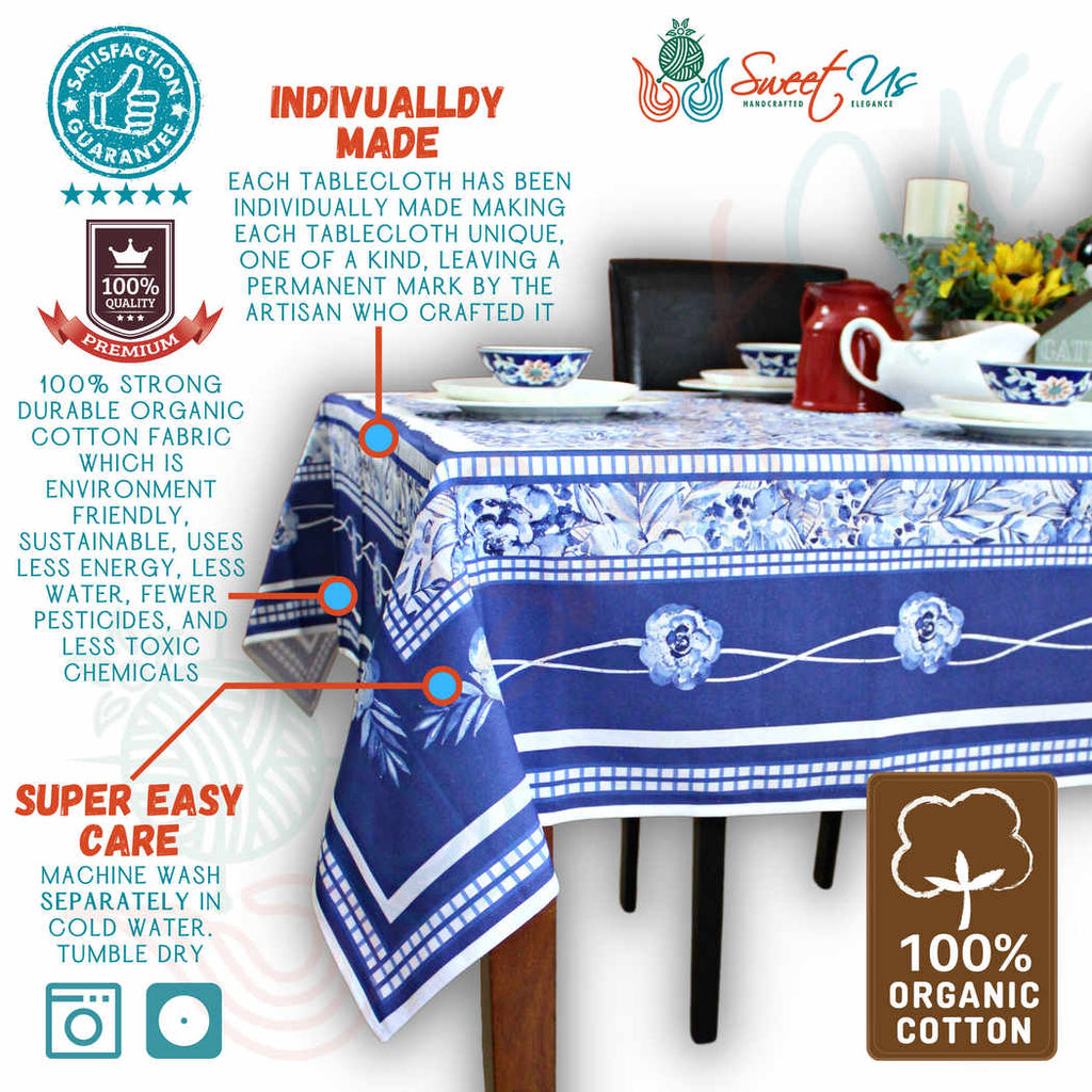 La Marseille French Floral Organic Cotton Tablecloth Rectangle, Provence Sky