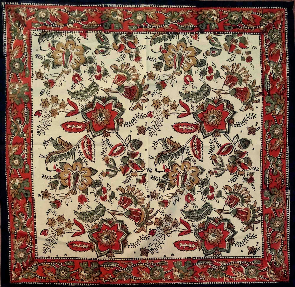 Floral Block Print Cotton Round Tablecloth Rectangle Square Beige Red Green - Sweet Us